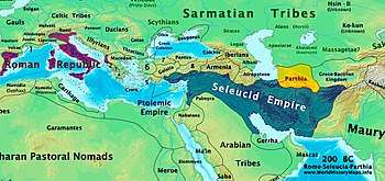 A map centered on the Mediterranean and Middle East showing the extent of the Roman Republic (Purple), Selucid Empire (Blue), and Parthia (Yellow) around 200&nbsp;BC.