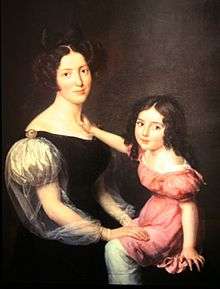 Painting of a woman with a girl on her lap, both wear robes.