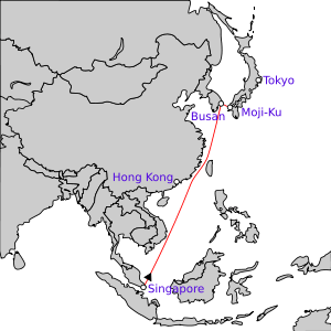Map of Southeast Asia and East Asia between Singapore and Japan showing the approximate route of the Completion Force as described in the article