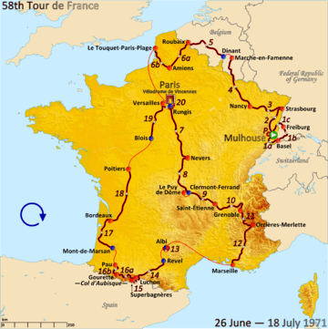 Map of France with the route of the 1971 Tour de France