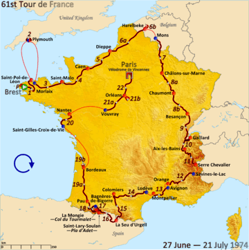 Map of France with the route of the 1974 Tour de France