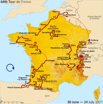 Map of France with the route of the 1977 Tour de France