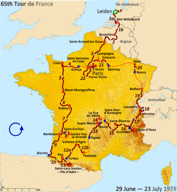 Map of France with the route of the 1978 Tour de France