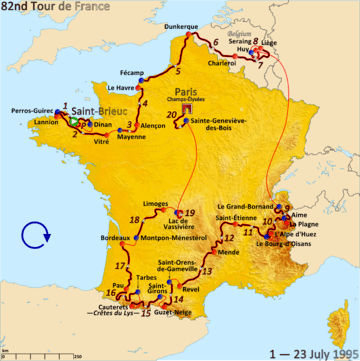 Map of France with the route of the 1995 Tour de France