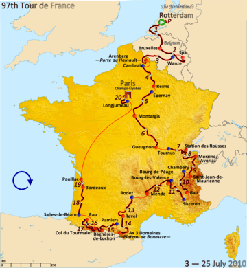 Map of France with red lines indicating the route of the 2010 Tour de France, showing that this Tour started in the Netherlands, visited the Alps and then the Pyrenees, and finished in Paris.