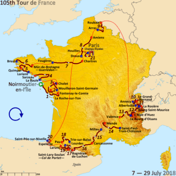 Map of France with the route of the 2018 Tour de France