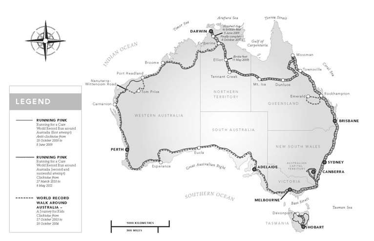 Routes taken by De Williams during her two & half times around Australia on foot