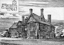 A two-storey timber-framed house with gables, dormers and tall chimney stacks. Inset in the top left corner of the drawing is a plan of the ground floor.