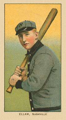 A baseball card of a man in a gray baseball uniform trimmed with black stands facing the left, holding his bat, preparing to swing.