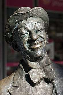Detail shot of the Roy Rene statue, showing a close up of his head and shoulders facing the camera.