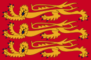 The royal banner England: a red flag with three pale golden lions passant guardant with blue claws and tongues, each on its own row.