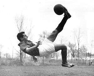 Photograph of a man striking a ball in mid-air