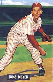 A baseball-card image of a man in a white baseball uniform pinstriped with red and a red baseball cap