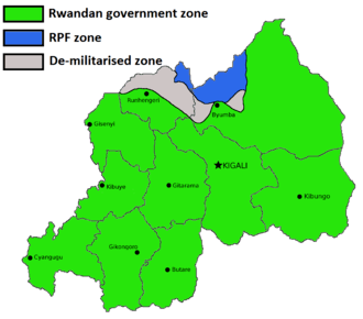 Map showing the partition of Rwanda between government, RPF, and demilitarised zones.
