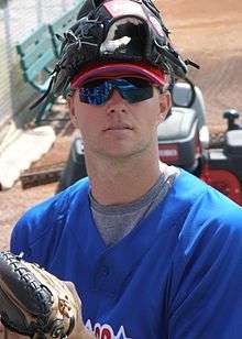 A pale-skinned man wearing a blue baseball pullover and blue reflective sunglasses with a baseball glove atop his head