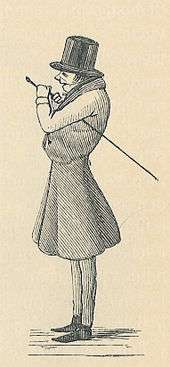 A caricature; the figure is standing facing left, with a top-hat, cane, formal attire. The caricature is over-emphasizing his back, by making him appear as a hunchback.