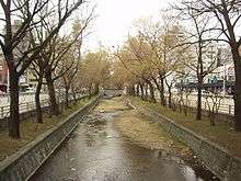 A straight, tree-lined river, about four meters in width, with roads on either side.