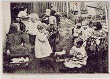 Children playing in the courtyard of the long day nursery at 126 Dowling Street, Woolloomooloo, Sydney in 1906.