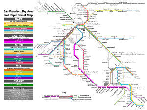A transit map with lines depicting routes operated by various public rail agencies in the Bay Area.