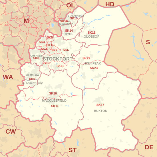 SK postcode area map, showing postcode districts, post towns and neighbouring postcode areas.