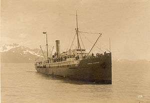 The steamship Admiral Sampson is seen in Resurrection Bay, offshore of Seward, Alaska, some time between 1898 and 1913.