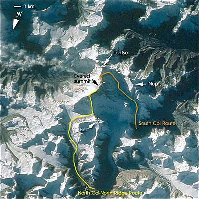 Satellite view with lines showing routes to Everest Summit