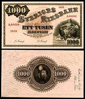 1909 specimen (with approval on the reverse) of a Sveriges Riksbank 1,000-krona note.