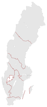 Map of Sweden showing the geographic boundaries appellate courts in Sweden.