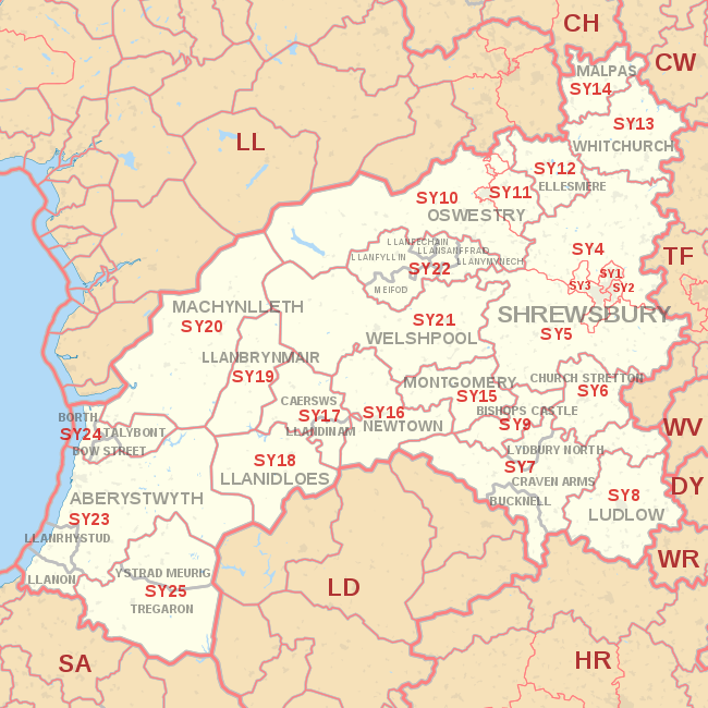 SY postcode area map, showing postcode districts, post towns and neighbouring postcode areas.