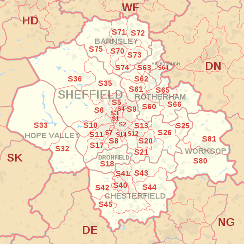 S postcode area map, showing postcode districts, post towns and neighbouring postcode areas.