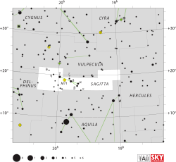Diagram showing star positions and boundaries of the constellation of Sagitta and its surroundings