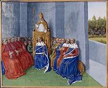 A man wearing a tiara preaches in a church where crowned men, prelates and commoners sit