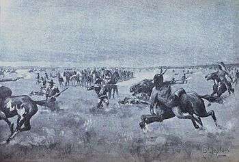 A black and white copy of a painting by C. Taylor of the moving "hollow box" during the 8&nbsp;hour, 15&nbsp;mile combat by Captain Armes and Company F of the 10th US Cavalry.
