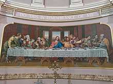 Mosaic reredos by Salviati of Venice, 1872, depicting the Last Supper after da Vinci. The location is the Grade II* Listed Church of St. Bridget with St. Thomas in Wavertree, Liverpool.