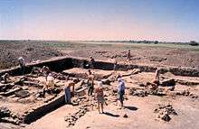 Photograph of people in shirtsleeves working amidst the excavated foundations of ancient buildings