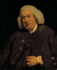 Half-length portrait of man wearing white wig and brown 18th-century suit. He is rotund and holding his left arm in front of him.