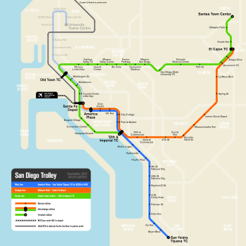 A map of the three light rail line San Diego Trolley system. (Note: The fourth line, the heritage streetcar, Silver Line is omitted from this map. There is a Blue Line going from north to south, a Green Line going from east to west near the top, and an Orange Line going from east to west in the middle of the map.