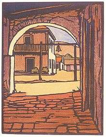woodblock print showing the courtyard of Mission San Juan Bautista in California