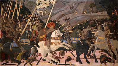  Very large panel painting of a battle scene with a man in a large ornate hat on a rearing white horse, leading troops toward the foe. Bodies and weapons lie on the ground. The background has distant hills and small figures.