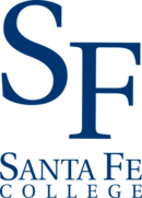 The Logo of Santa Fe College featuring the letters "SF" prominent on top of the words "Santa Fe College" in blue