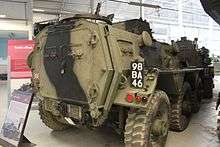 Alvis Saracen armoured personnel carrier, showing an extremely large bar grip patterned rear tyre