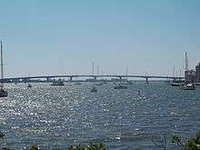 View of John Ringling Causeway in distance, overlooking Sarasota Bay facing northwest from recreational trail along Mound Street (US 41)