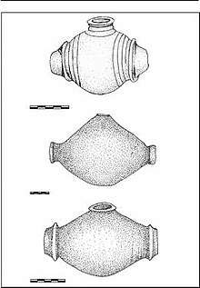 A black and white ink drawn illustration of three barrel-shaped pots.