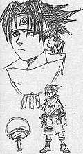 Sketches of a male teenage manga character that include his full body, face, and clan symbol — the Japanese hand-held fan, also known as an uchiwa