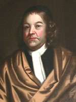 A head and shoulders portrait of Bradstreet, who wears a gold-peach robe over a black shirt and white cravat. His shoulder-length hair is topped with a small black cap.
