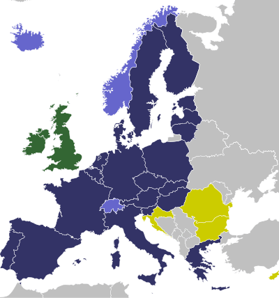 labelled map of Europe showing Schengen Area