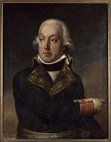 Painting of a man in a white wig pointing across his body with his right hand. He wears a dark blue uniform trimmed with gold on the cuffs and lapels.