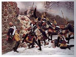 Prussian grenadiers charging at a broken wall of a church cemetery