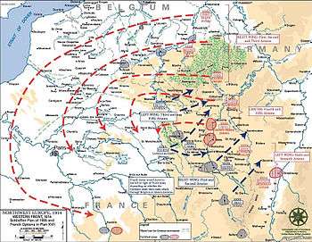 Map with broken lines showing the advance of the German army across northeastern France.