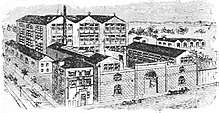 Large factory set up, showing several buildings surrounded by a high wall
